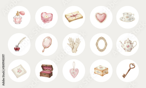 Watercolor Collection of Elegant Vintage Feminine Vanity Accessories