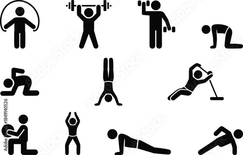 Various fitness and gym exercises represented by stick figure icons on a white background