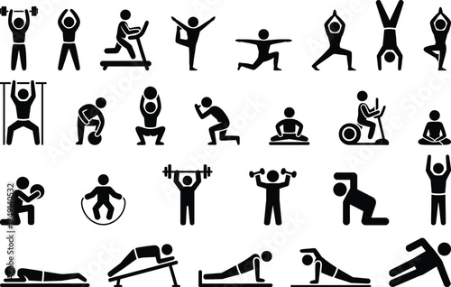 A comprehensive collection of exercise and fitness icons representing various workout activities