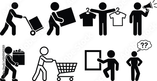 Diverse collection of commerce icons illustrating shopping, delivery, and customer actions
