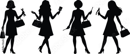 Women with tools and handbags icon set, black silhouette illustration of empowerment, versatility, and gender role concept graphic