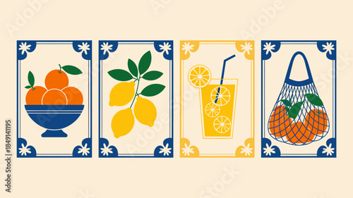 Vibrant Citrus Illustrations with Bowl, Lemon, Juice, and Mesh Bag