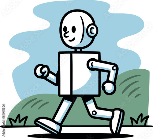 Simple robot character jogging in a stylized landscape