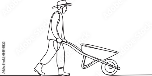One line drawing of a farmer walking while pushing a wheelbarrow in a minimalist continuous line art style, clean rural work vector illustration