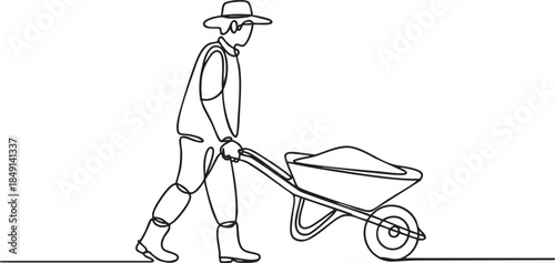 One line drawing of a farmer walking while pushing a wheelbarrow in a minimalist continuous line art style, clean rural work vector illustration