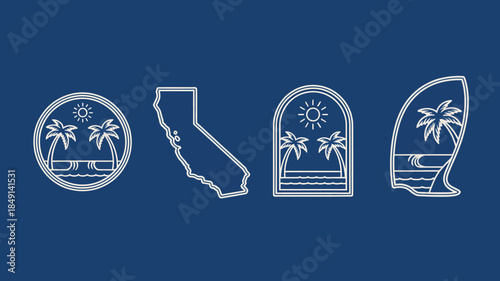 California Surfing Icons and State Outline on Blue Background