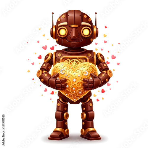 Adorable Steampunk Robot Holding Golden Heart with Gears and Gems - Cute Valentine Robot Illustration