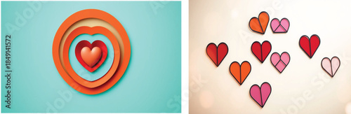 Valentine Colorful 3D Heart Art Collection and Hand-Drawn Paper Hearts - Creative Valentine's Day Illustrations, Romantic Love Backgrounds, Artistic Heart Designs for Wedding