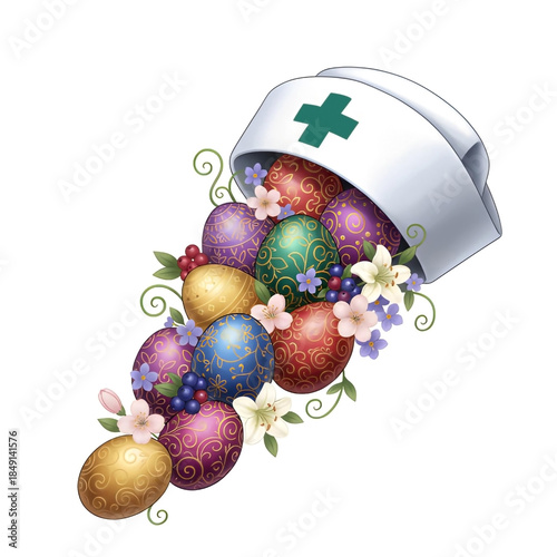 Overflowing Crisp White Nurse Cap Brimming with Multicolored Patterned Easter Eggs Pink Lilies Purple Blooms Berries and Curly Vines - Charming Spring Healthcare Graphic