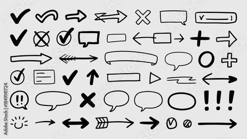 Black and White Icon Set with Arrows, Checkmarks, and Speech Bubbles