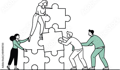 Diverse team working together to complete puzzle