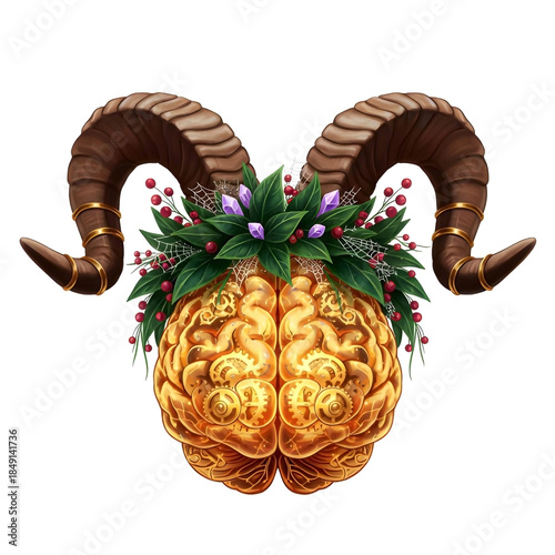 Ornate Steampunk Golden Brain with Curved Ram Horns, Amethyst Flowers, Ruby Berries & Spider Web Greenery Crown Fantasy Vector Art