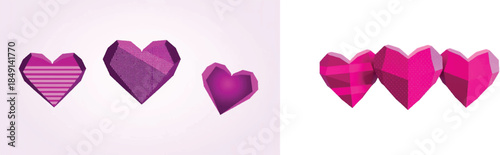 Abstract 3D Low Poly Purple Heart Collection: Geometric Romantic Design Elements on Neutral Background for Valentine Greeting Cards, Creative Digital Art Assets, and Modern Love Themed Illustrations