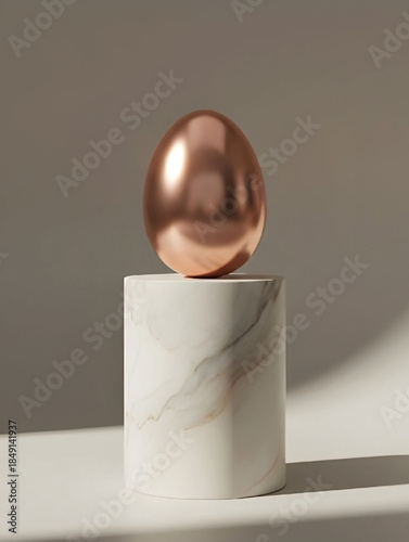 Elegant Rose Gold Metallic Sphere on White Marble Pedestal - Minimalist Luxury 3D Render Illustration
