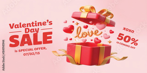 Valentine's Day Sale Banner with 3D Gift Box and Floating Hearts: Special Offer 50% Off Romantic Discount Promotion for E-commerce, Festive Love Themed Marketing Poster, and Social Media Advertising