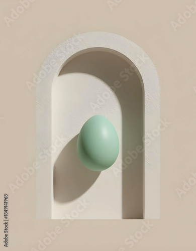 Minimalist Mint Green Sphere in Textured Arch Niche - Serene Pastel 3D Render Illustration