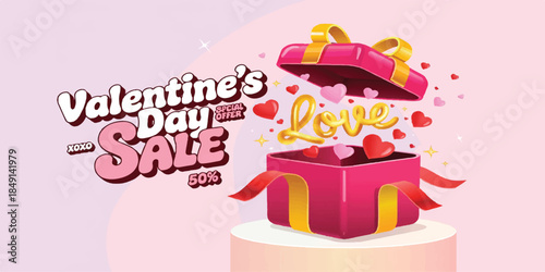 valentine's day sale, 50% off, gift box, 3d illustration, love sale, discount banner, romantic offer, shopping promotion, valentine discount, hearts background, surprise gift, holiday marketing, ecomm