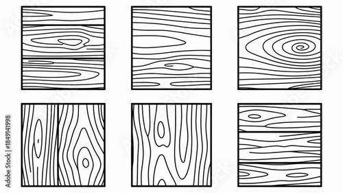 Six Unique Wood Grain Patterns in Black and White Line Art