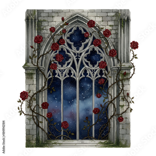 Mystical Gothic Arched Window Overgrown with Thorny Crimson Roses Framing Twinkling Starry Night Sky – Enchanted Fantasy Castle Illustration Art