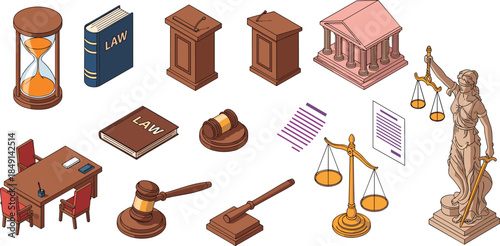 Law and justice icons set with gavel scales books courthouse and judge statue, legal system isometric vector illustration