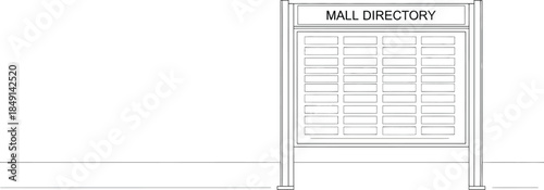 Simple black and white line art drawing of a freestanding mall directory kiosk ready for customization in a bright open space