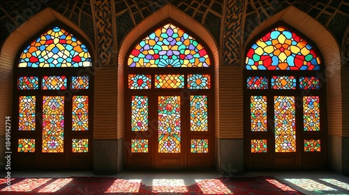 Intricate colorful stained glass windows illuminate a deeply recessed entryway with patterned flooring