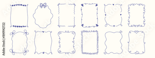 Whimsical coquette frames and doodle ribbon borders. Vintage French style hand drawn line art for wedding, birthday, and Valentine’s Day invitations. Romantic vector decorative elements set 