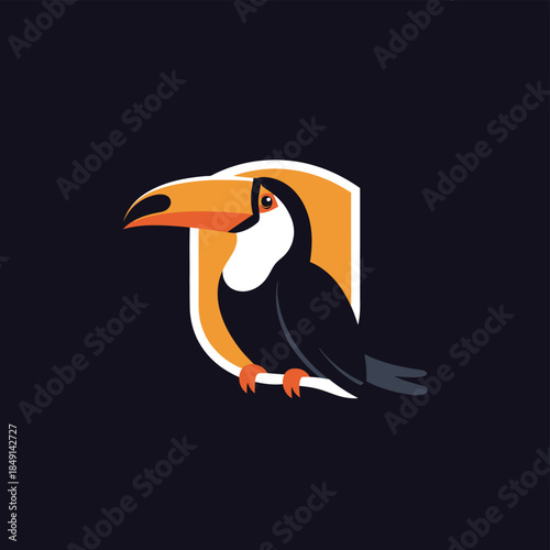 Stylized graphic logo featuring a toucan bird with a prominent orange beak and black body, set against an orange shield shape on a dark background.