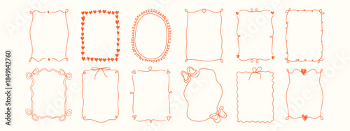Coquette aesthetic Valentine's Day frames set. Hand drawn romantic borders with red hearts, bows and whimsical doodle lines. Cute vector line art for wedding invitations and social media.