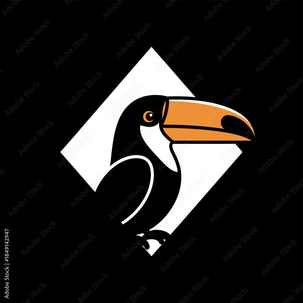 Naklejka premium Stylized toucan bird with an orange beak inside a white diamond shape on a black background, graphic design.