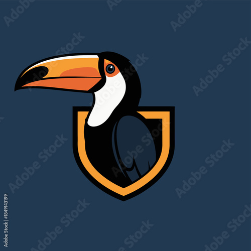 Stylized toucan bird with a large orange beak peeking from behind a golden shield on a dark blue background.