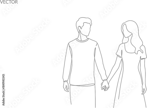 Minimalist continuous line drawing depicts a loving couple standing together holding hands in a simple romantic gesture