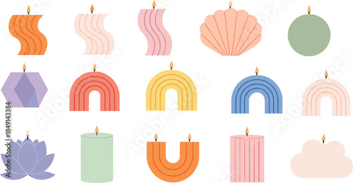 Modern abstract candles set with geometric and organic shapes, minimalist decorative candle collection vector illustration