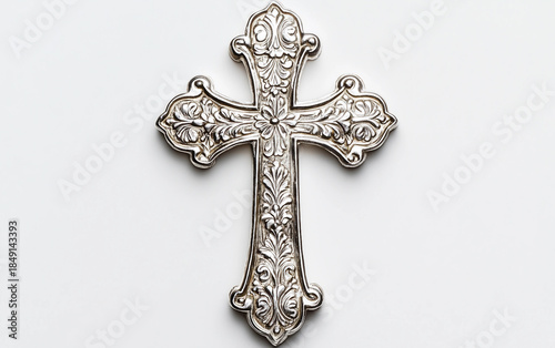 Silver Cross with Delicate Floral Pattern Isolated On White Background.