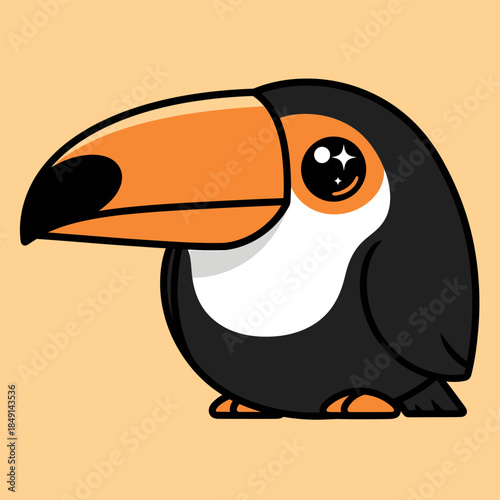 Cute cartoon toucan with a large orange beak and big shiny eyes on a plain background.