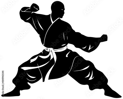Martial arts silhouette of a man in fighting stance with white belt