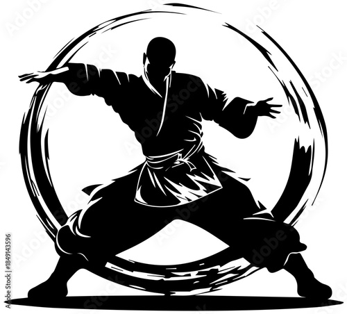 Martial arts silhouette in dynamic circular motion stance