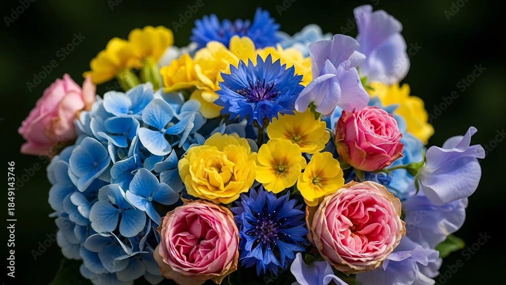 Obraz premium 色とりどりの花々、青いアジサイとピンクのバラが咲き誇る、華やかで明るい印象のフラワーアレンジメント。