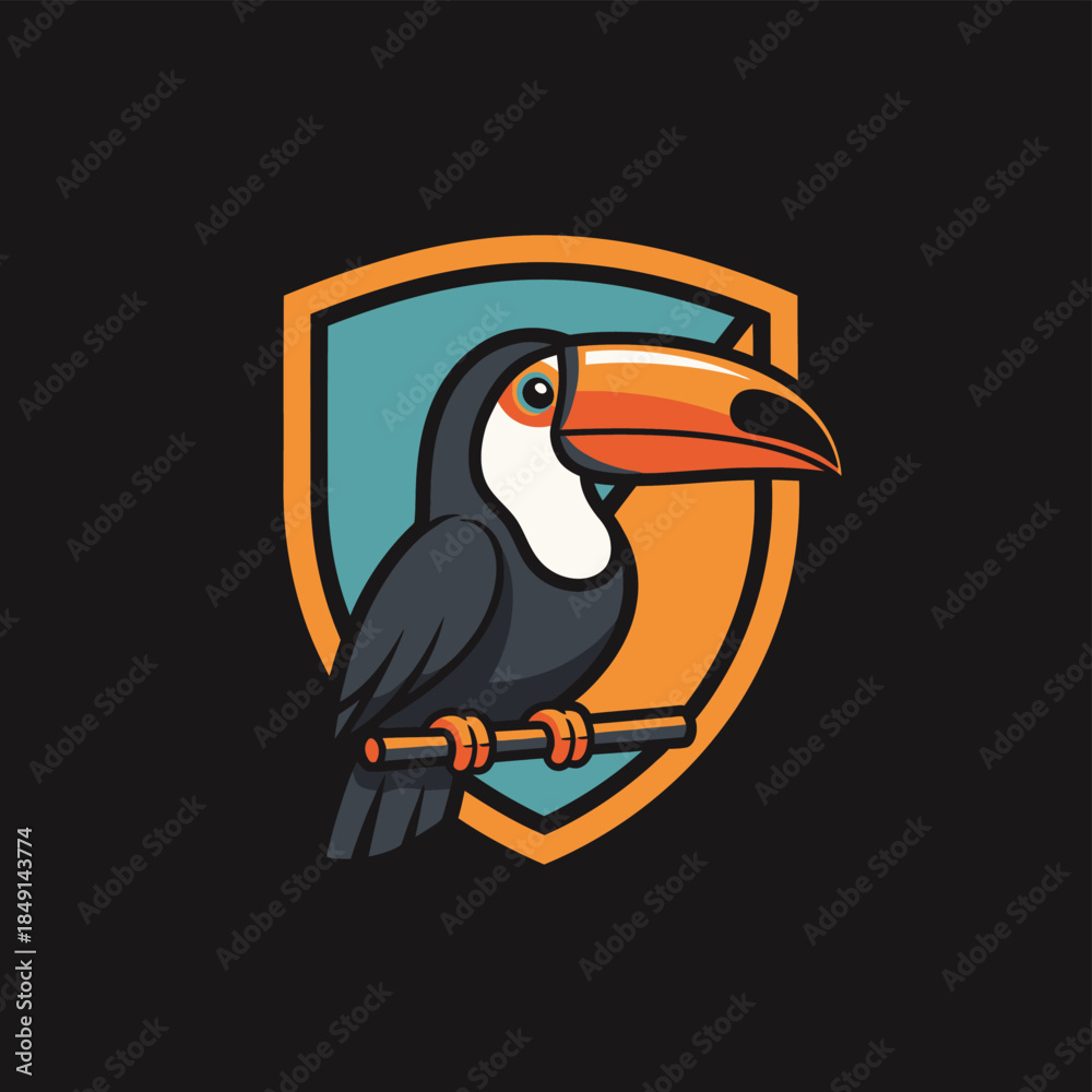 Naklejka premium Cartoon toucan bird with a large orange beak perched on a branch in front of a blue and orange shield logo on a dark background.