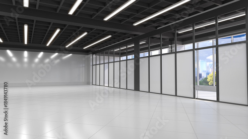 Photos Large empty commercial hall with a glass wall, light floor and lighting on black ceiling