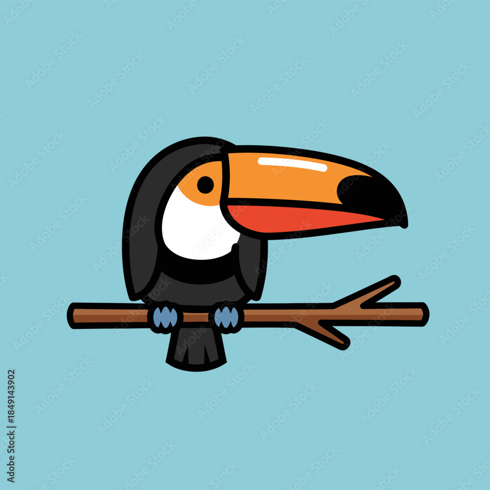 Naklejka premium A charming cartoon toucan with a prominent orange and black beak sits on a brown tree branch against a serene light blue background.