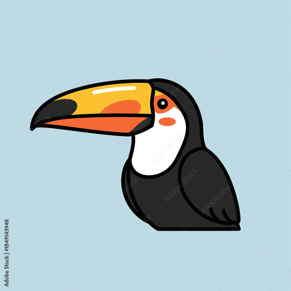 Naklejka premium Cartoon toucan with a large colorful beak and black body on a light blue background.