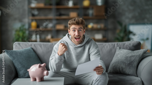 An excited young man cheers while holding a document next to a piggy bank, celebrating a successful loan approval or reaching a financial goal