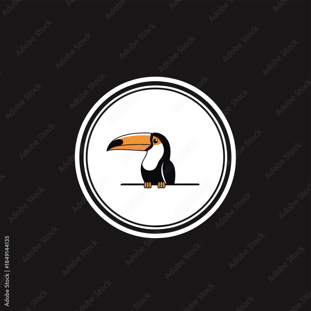 Fototapeta premium Cartoon toucan with orange beak inside a white circle on a black background.
