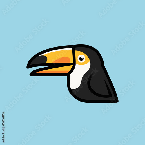 A stylized cartoon toucan head with a large yellow and orange beak against a light blue background.