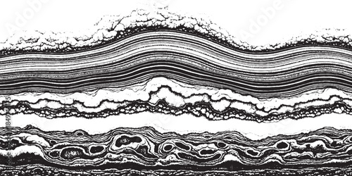 Abstract black and white wavy lines and textures creating a geological crosssection effect.