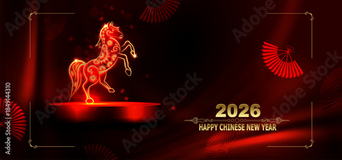 Happy Chinese New Year 2026. Greeting card with Fire Horse zodiac sign.