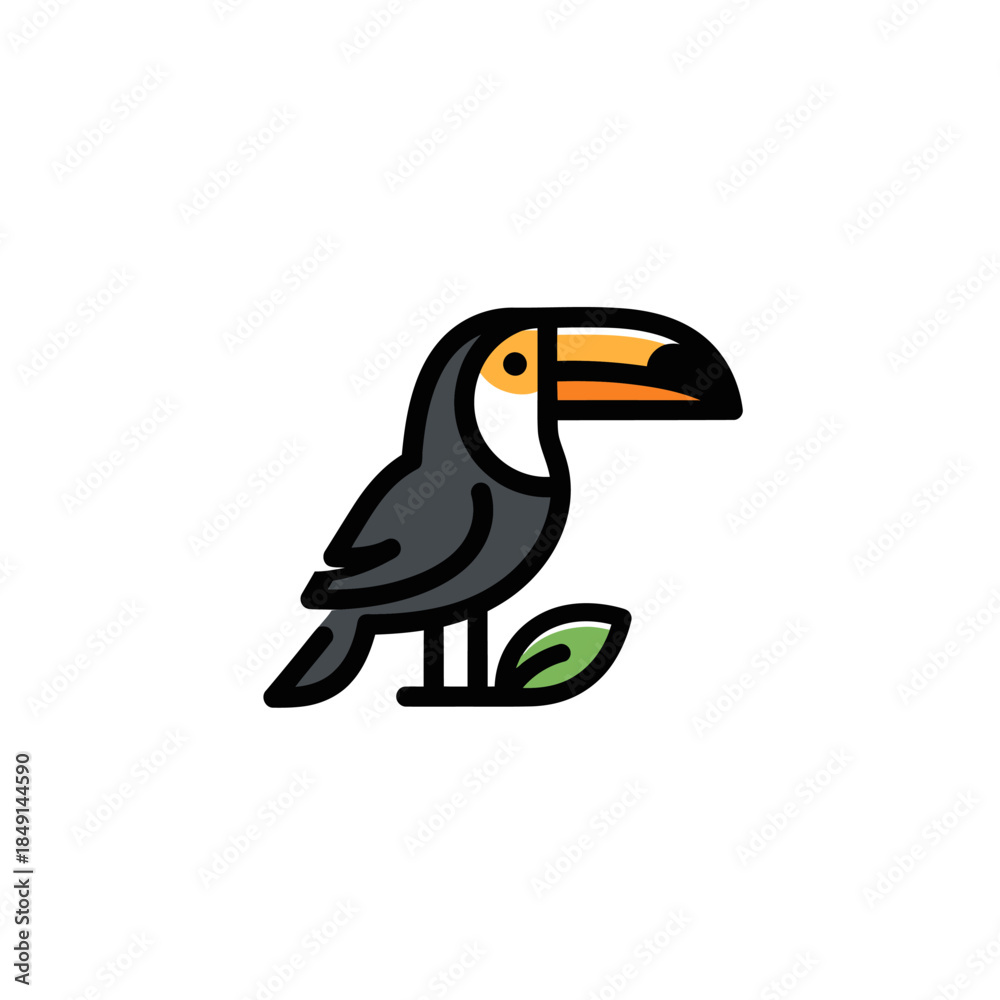 Fototapeta premium Stylized cartoon illustration of a toucan bird with a large orange beak perched on a green leaf.