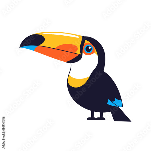 A vibrant cartoon toucan with a large colorful beak and blue eyes, standing on a white background.