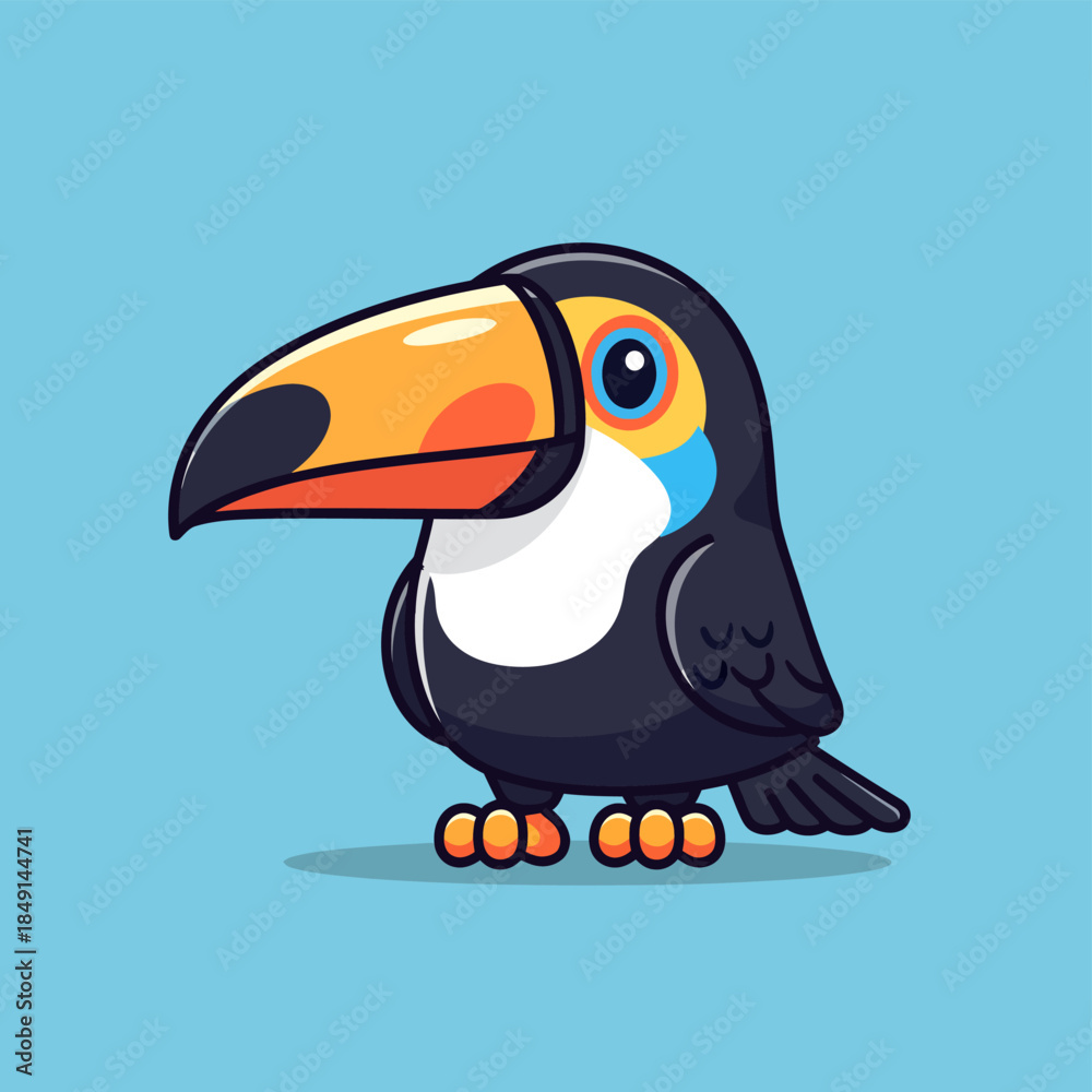 Obraz premium Cute cartoon toucan with a large orange and black beak and colorful markings on a light blue background.